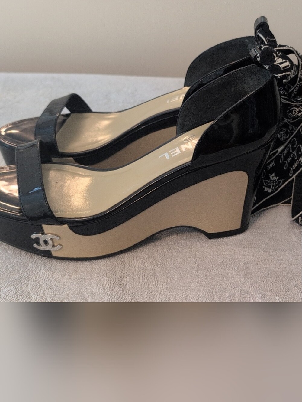 Chanel Patent Leather Platform Wedge Sandals or Platform Ribbon Ankle Strap Heel
